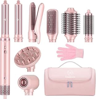 8-in-1 Hair Styler & Hair Dryer Brush Set, Dual Voltage Ionic Blow Dryer with Wrap Curlers&Hair Straightener, Fast Drying Volumizing Curling Straightening, No Heat Damage, Gifts for Women