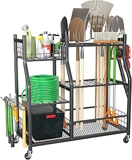Rolling Tool Organization, Yard Tool Stand for Rake, Brooms, Indoor & Outdoor Use