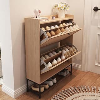 AVZEAR Narrow Shoe Storage Cabinet for Entryway with 2 Flip Drawers,Natural | Freestanding Narrow Shoe Cabinet with Natural Linen Panel, Slim Wood Shoe Organizer Closed Shoe Rack for Hallway, Foyer
