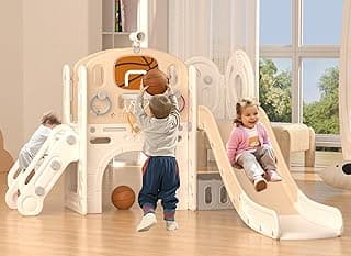 XJD 8 in 1 Toddler Slide Set, Kids Slide for Toddlers Age 1+, Climber Slide PlaySet with Basketball Hoop and Ball,Outdoor Indoor Playground for Toddlers 1-3 (Beige Coffee, 8 in 1)