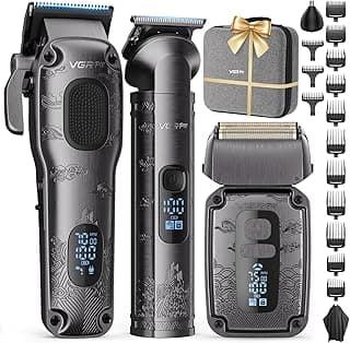 VGRPRO Hair Clippers for Men, Beard Trimmer, Foil Shaver 3-in-1 Clipper Set | Cordless Grooming Kit, 14 Guide Comb (Left/Right Ear Taper), Nose Trimmer Head, 4-Speed Setting Shaver, LED Display, EVA case