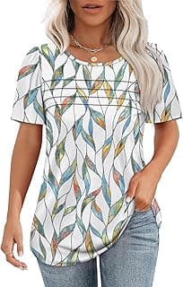 Womens T Shirts Short Sleeve Tops Dressy Casual Blouses Spring Summer Outfits Flowy Pleated Front Scooped Neck