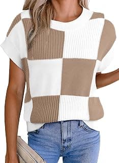 Short Sleeve Sweater for Women Crewneck Color Block Knit Tops 2026 Spring Trendy Cap Sleeve Sweater Vest