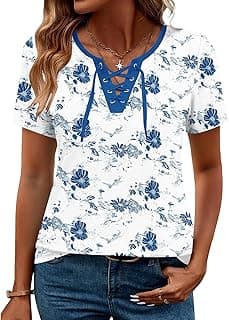 Womens Criss Cross Short Sleeve T-Shirts V-Neck Floral Summer Blouse Tops