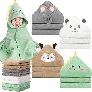 4 PCS Baby Towels & 8 PCS Washcloths Set, Cute Animal Hooded, Ultra Absorbent & Soft, Newborn Shower Gifts for Boys & Girls
