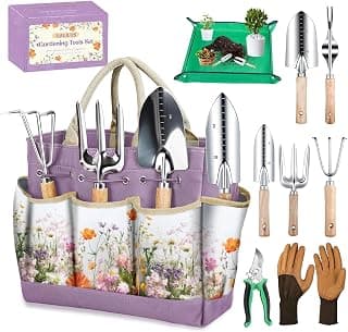 Gardening Tools 9 Pcs Garden Tool Set Stainless Steel Purple Tote Bag Gifts | 9-Piece Gardening Gifts, Rust-Proof Stainless Steel, Ergonomic Wooden Handles, Mess-Free Repotting Mat, Garden Hand Tools