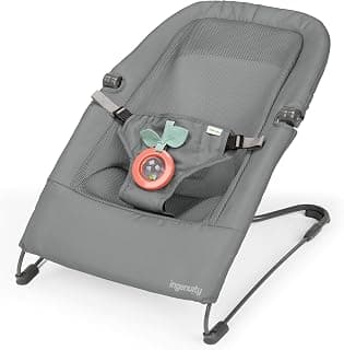 Ingenuity Stow & Go Compact Folding Baby Bouncer, Lightweight Portable Seat with Vibration, Grey, Under 5 lbs