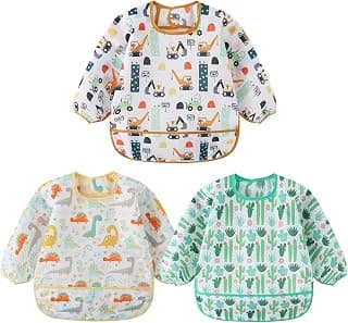 3 Pcs Waterproof Long Sleeves Baby Bibs Weaning Smock Bib 3-24 Months