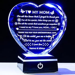 YWHL Gifts for Mom from Daughter Son, Birthday Gifts for Mom Who has Everything, To My Mom Gifts for Mother's Day Crystal Heart Keepsake with LED Base, Present for Mother on Christmas Valentine