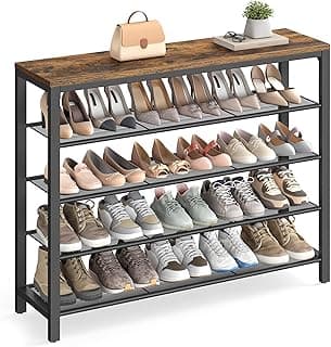 VASAGLE Shoe Rack, 5-Tier Shoe Storage Organizer with 4 Metal Mesh Shelves for 16-20 Pairs and Large Surface for Bags, for Entryway, Hallway, Closet, Industrial, Rustic Brown and Black ULBS15BX
