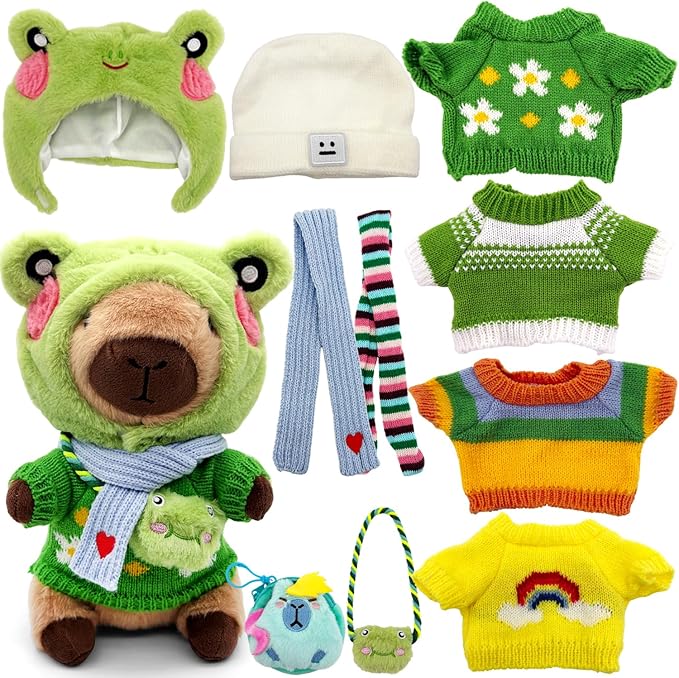 11Pcs Capybara Plush Toy, Capybara Stuffed Animal with 10 Clothes and Accessories, 10 inch Super Soft Capybara Toys for Kids Girls Boys, Role Play Dress Up Gifts (Green 11 pcs)
