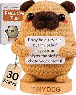 Dog lover Gifts for Women - Handmade Positive Crochet Animal W/ 30 Uplifting Signs - Funny Birthday Gifts for Dog Mom, Cute Present Idea for Women for Christmas, Emotional Support Office Desk Decor
