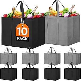 Reusable Grocery Shopping Bags 10 Pack Large Foldable Tote Bags Bulk | Eco Produce Bags with Long Handle for Shopping Groceries Clothes (Grey&Black)