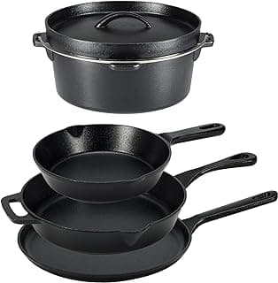 Amazon Basics Pre-Seasoned Cast Iron 5-Piece Cookware Set, Oven Safe, Cooks Evenly, 14.17 x 12.2 x 10.63 in, Black