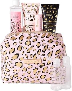 Tahari Vanilla Jasmine Spa Gift Set for Women – Luxurious Bath Kit with Body Lotion, Body Scrub, Body Wash & Lip Balm with Bag – Perfect Selfcare Gifts for Women (Leopard)