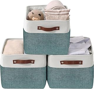 DECOMOMO Storage Baskets for Shelves - Fabric Storage Bins, Linen Closet Organizers and Storage (Green & White, Large - 3 Pack)