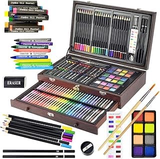 Sunnyglade 145 Piece Deluxe Art Set, Wooden Box & Drawing Kit with Crayons, Oil Pastels, Colored Pencils, Watercolor Cakes, Sketch Pencils, Paint Brush, Sharpener, Eraser, Color Chart (Cherry)