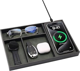 Two-Toned Premium Leather Desk Bedside Caddy Organizer Tray for Keys, Watch, Wallet, Jewelr, Gifts for Men, Black & Green