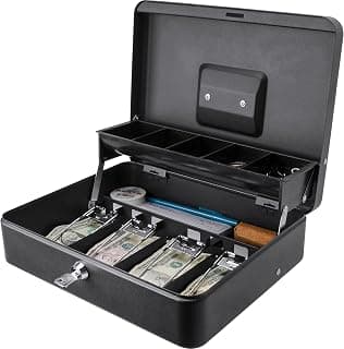 Barska 12-Inch Cash Box with Key Lock – Standard Register Style, 4 Bill Compartments, 5 Coin Tray Sections, Steel Construction, Portable Money Box Home, Events- Cash box with Money Tray and Lock
