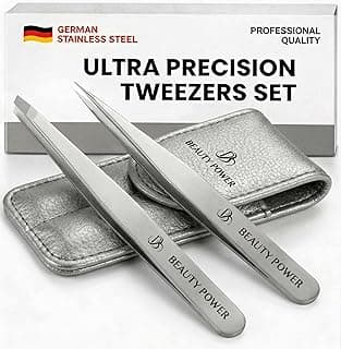 Beauty Power Professional Tweezers Set – Slant & Point, Ultra Precision German Stainless Steel Tweezers for Eyebrows, Chin, Ingrown Hair & Facial Grooming – Lightweight with Case - Gift Idea - Gray