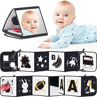Black and White Baby Books for Newborn - Tummy Time Mirror & Sensory Toys Soft Montessori Toy for Infant Visual Stimulation, Brain Development & Early Learning - High Contrast Toys for 0-6 Months | Newborn visual stimulation 0-6 months, Montessori sensory play, soft crinkle pages, folds flat, ties to crib and stroller
