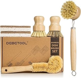 DEBETOOL 6-Piece Bamboo Dish Brush Set with Coconut Sponge | Wooden Dish Brush with Natural Sisal & Palm Fiber, Multi-Surface Kitchen Scrub Brushes for Dishes, Cookware, Bottles& Produce