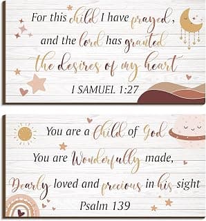 Yookeer 2 Pcs Nursery Wall Art Wooden Baby Room Wall Decor This Child I Have Prayed Bible Quote Hanging Sign for Girls Boys Teen Home Room Bedroom Playroom(Cute)