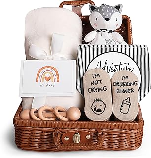 iAOVUEBY Baby Shower Gifts, Baby Gifts for Girls Boys, Unique Baby Gifts Basket Essentials Stuffs - Baby Lovey Blanket Newborn Bibs Socks Wooden Rattle & Greeting Card, Newborn Baby Gift Set