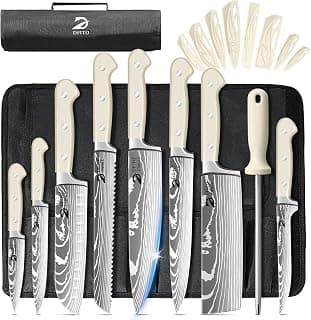 Chef Knife Sets with Roll Bag, Sharp Kitchen Knife Set with Sharpener | High Carbon Stainless Steel 9PCS Chef Knives Sets with Anti-Slip Ergonomic Handle for Camping, Travel, BBQ, RV or Gift, Beige