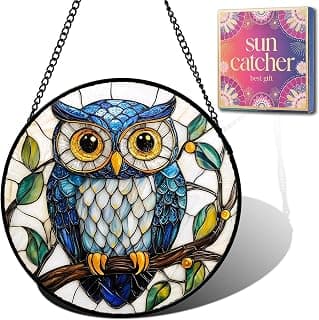 Owl Gifts for Mom - Blue Owl Faux Stained Glass Window Hanging Sun Catcher for Door Garden Acrylic Decor Mother's Day Christmas Birthday Gift for Bird Lovers Women Nana Men Grandma Wife Dad 6.3"