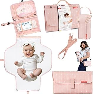 Premium Portable Diaper Changing Pad – CPC Certified Waterproof 2-in-1 Diaper Clutch & Changing Mat with Head Cushion – Bonus Insulated Bottle Bag – Travel Kit Gift for Baby Girls & Boys (Peach)