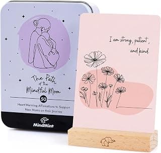 New Mom Affirmation Cards - 50 Postpartum Affirmation Cards for Women - Pregnancy & Self-Care Gifts for New Mom After Birth in Tin Box with Wooden Stand