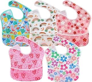 PandaEar 5 Pack Baby Bibs for Boys & Girls, Waterproof Adjustable Mealtime Bibs for Toddler 6-24 Months, Lightweight Soft