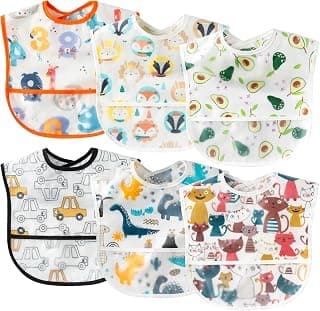 6 Pcs Baby Feeding Bibs Toddler Waterproof Bib Set with Crumb Catcher Pocket Infant Adjustable Baby Teething Bib Babies Food Bibs Keepsake Gift for Baby Shower Christmas New Year, 6-12 Months