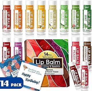 14 Pack Natural Lip Balm in Bulk with Vitamin E and Coconut Oil - Moisturizing, Soothing, and Repairing Dry and Chapped Lips Valentine's Gift - 14 Flavors - Non-GMO - With Greeting Card