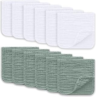 Ease Cubs Muslin Burp Cloths Large 100% Cotton Hand Washcloths for Boys & Girls, Baby Essentials Extra Absorbent and Soft Burping Rags for Newborn Registry (White & Green, 12-Pack, 20" X10")