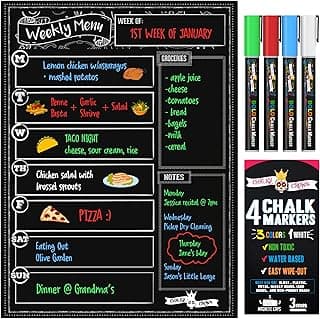 CHALKY CROWN Magnetic Dry Erase Menu Board - Black - 15.6" x 11.6" | Magnetic Weekly Meal Planner & Grocery List for Fridge - Includes 4 Liquid Chalk Markers - Easy to Write & Wipe Clean Design