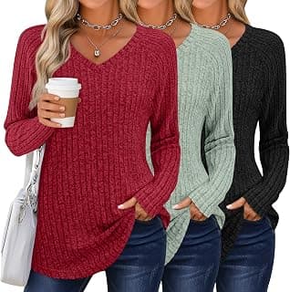 3 Pack Womens Ribbed Long Sleeve Sweater V Neck Tops