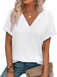 Womens Short Sleeve Sweater Waffle Knit Tops V Neck Spring Summer T Shirts Casual Blouses Outfits Solid/Striped