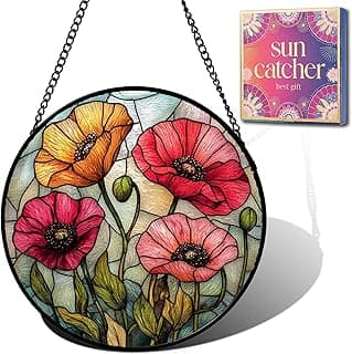 Floral Theme Gifts for Mom - Poppy Flower Faux Stained Glass Window Hanging Sun Catcher for Door Garden Acrylic Decor Mother's Day Birthday for Women Nana Friend Men Grandma 9.8"
