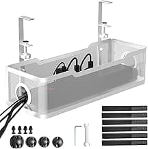 CINATI Under Desk Cable Tray - White, No Drill, Clamp for Wire Management
