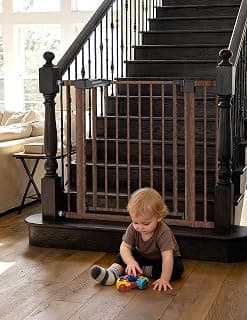 Triple-Lock, Pressure/Wall Mount, Heavy Duty, Auto Close, Easy Install for Doorways/Kitchens/Hallway, Black Wood Pattern