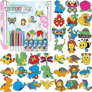 Window Paint Art, 36 Suncatchers Double Craft Kit for Kids – Children’s Make Your Own Fun Suncatcher Set Suction Cups DIY Car & Mirror Arts Crafts Children