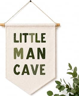 Little Man Cave Banner for Boys Room, Baby Boy Nursery Decor, Toddler Kids Room Wall Decor, Nursery Wall Hanging Flag, Linen Cotton Pennant Sign for Playroom Bedroom, 12.5 x 18 Inch
