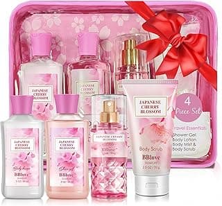 Beautifier Life Bath and Body Gift Set for Women and Girls,Japanese Cherry Blossom,4PCS Set for-Shower Gel,Body Lotion,Body Mist,Exfoliating Scrub,Body Care Travel Set for Birthday Mother's Day Gifts