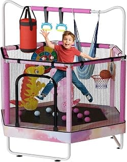 55" 7-in-1 Round Trampoline for Kids Boys & Girls Ages 1-8, Indoor & Outdoor Trampoline for Fun, Adjustable Height Handrail & Enclosed Safety Net & Durable Designs for Toddlers Children