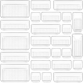 Vtopmart 25 PCS Clear Plastic Drawer Organizers Set, 4-Size Versatile Bathroom and Vanity Drawer Organizer Trays, Storage Bins for Makeup, Bedroom, Kitchen Gadgets Utensils and Office