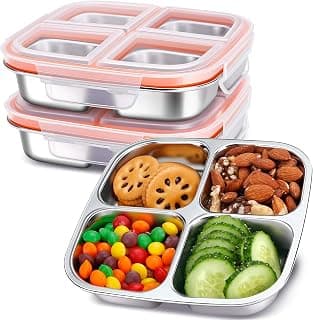3-Pack Stainless Steel Snack & Lunch Containers for Kids & Adults, 20 oz | 4 Compartments, Dishwasher-safe, Leak-resistant seal, Stackable, Bento box for meal prep, daycare, school, office & travel