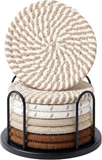 Lazebox Coasters Set of 8 for Drinks, Beer, Coffee, Cotton Woven 4 Colors Absorbent Coaster with Holder, Boho Coasters for Home Decor Tabletop Protection Suitable for Kinds of Cups, Coffee
