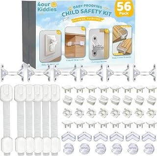 4our Kiddies 56-Piece Baby Proofing Kit & Child Safety Essentials | Child Proof Cabinet Locks x 6 ;Clear Corner Protectors x12; Plug Outlet Covers x 32; Anti-Tip Furniture Anchors x 6;
